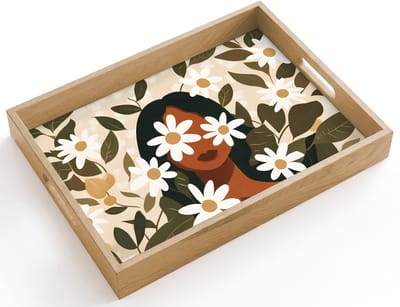 Dienblad hout 40x30 cm - Schootdienblad - Illustratie - Vrouw - Madeliefjes - Wit - Borrelplank rechthoek - Plateau dienbladen