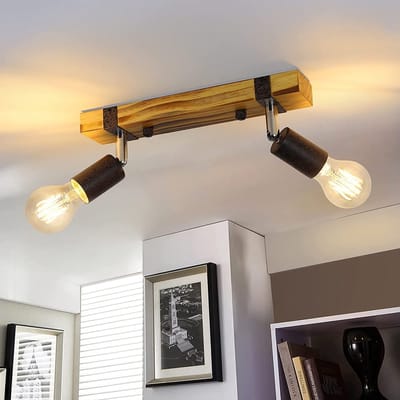 NETTLIFE Opbouwspot - Hout - 2-lichts - zwart - E27 Fitting - Metaal - draaibar Plafondspot - L 30cm - Vintage Plafondlamp - voor Slaapkamer | Hal | Woonkamer | Keuken - Zonder Lichtborn