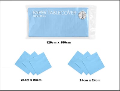 1x Tafelkleed papier licht blauw 120cm x 180cm + 40x Cocktail servetten licht blauw 24cm x 24cm 3 laags