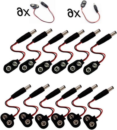 Allecto Plus - 12 Stuks Batterij Clip Connector Set T-type en I-type - 9V Batterij Clip met Mannelijke DC Stekker - Positief Negatief - Klikkabel - 2.1 mm x 5.5 mm - Voor Elektronica Projecten.
