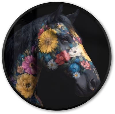 Poster in lijst Rond - Fotolijst 60x60 cm - Posters - Paard - Bloemen - Zwart - Ronde posterlijst zwart - Decoratie - Wanddecoratie woonkamer - Muurdecoratie slaapkamer