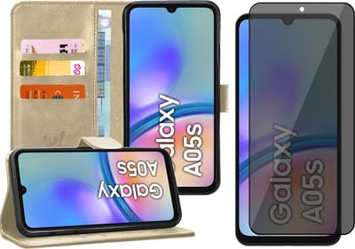 Hoesje geschikt voor Samsung Galaxy A05s - Privacy Screenprotector Volledig Dekkend Glas - Portemonnee Book Case Goud