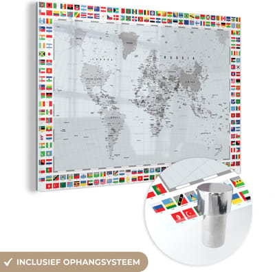® Glasschilderij 150x100 cm - Schilderij acrylglas - Wereldkaart - Vlag - Zwart - Wit - Foto op glas - Muurdecoratie woonkamer - Wanddecoratie slaapkamer - Schilderijen