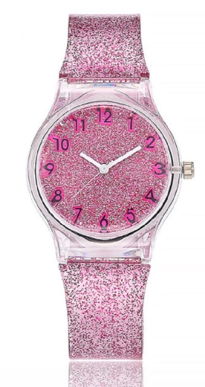 Glitter horloge - paars roze - kinderen/ tieners - 33 mm - I-deLuxe verpakking