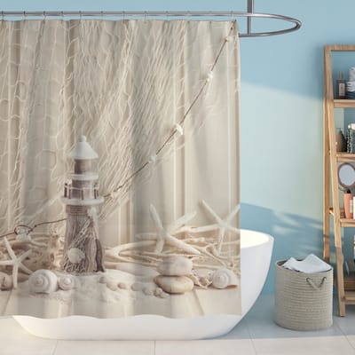 Floraweg Douchegordijn, Vissersdorpen, stranden, zeester, vuurtoren, Conch, topkwaliteit waterdicht, anti-schimmeleffect, 3D digitale print, voor badkamer, polyester stof, wasbaar, badgordijn,met 12 stuks douchegordijnhaken 180 x 180 cm