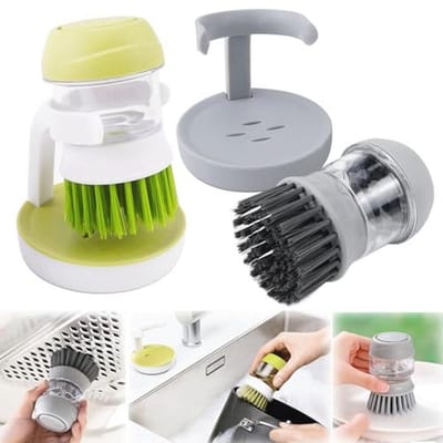 Afwasborstel met Dispenser - Zeepborstel Keuken - Snel Afwassen - Geïntegreerde Zeepdispenser - 2 Stuks - Grijs Groen