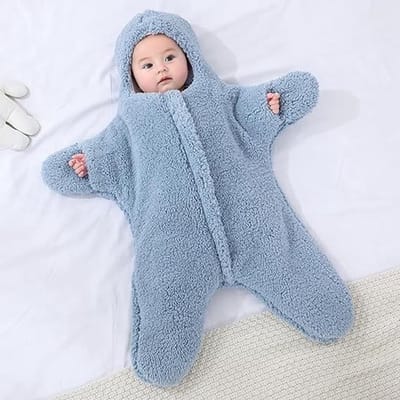 Babyrompertje met zeestermotief, verdikte slaapzak van imitatievlies met zeestermotief voor pasgeborenen, warme winterkleding met voetjes voor baby's - blauw