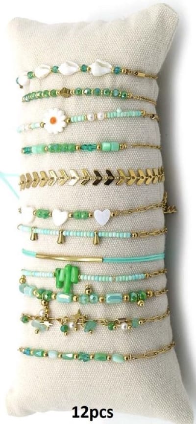 Armbanden Dames - Set 12 Stuks op Kussen - RVS - Lengte 17-21 cm - Goudkleurig en Groen