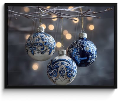 Poster in lijst - Fotolijst 80x60 cm - Posters - Kerstbal - Versierd - Blauw - Posterlijst zwart - Decoratie - Wanddecoratie woonkamer - Muurdecoratie slaapkamer - Kerstversiering - Kerstdecoratie voor binnen - Kerstmis