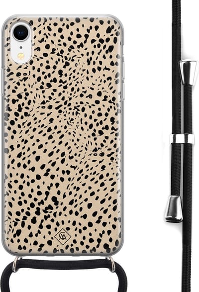 Casimoda® hoesje met koord - Geschikt voor iPhone XR - Stippen bruin abstract - Afneembaar koord - Siliconen/TPU - Bruin/beige