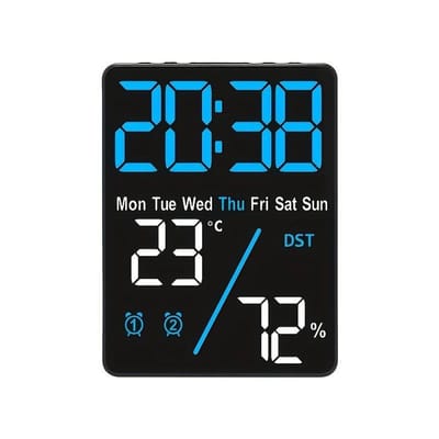 Digitale thermometer en hygrometer met wekkerfunctie voor op het bureau - Kenmerken: LED-display met instelbare helderheid, USB-voeding, binnenklimaatmonitor | Hygrometer - Blauw