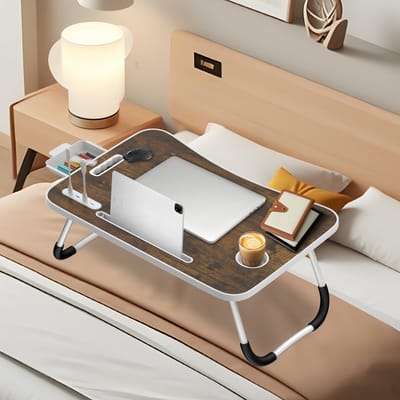 Soontrans Opvouwbaar Laptopbureau, Tafel 60x40cm Lichtgewicht Bedbureau Technisch Ontwerp Multifunctionele Tafel (Kaartsleuf + Bekerhouder + Lade + Lamp + Ventilator, Bruin)