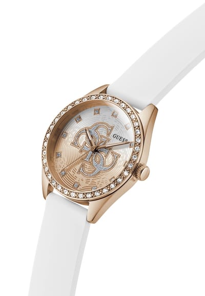 Guess Ava Quartz Analoog Horloge Wit Kast Gemaakt Van 100% Roestvrij Staal En Een Armband Van 100% Siliconen 34 GW1042L1, GW1042L4