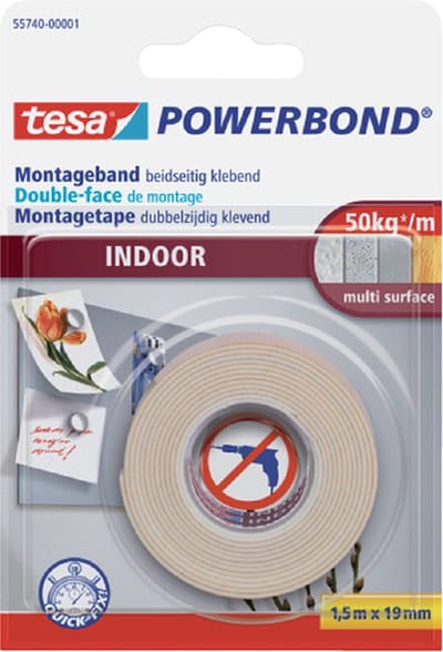 Dubbelzijdig montagetape tesa® Powerbond Indoor 1 | 5mx19mm wit | 12 stuks