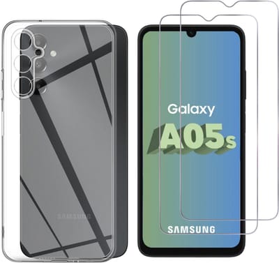 Hoesje Ultraslank geschikt voor Galaxy a05s backcover siliconen Transparant en 2 stuks ScreenProtector Gehard Glas