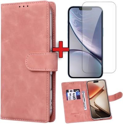 Casemania Hoesje & Glas Geschikt voor Apple iPhone 16e - Roze - Kunstleer Portemonnee Book Case - Glazen Screenprotector