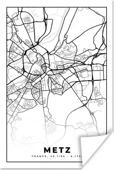 Poster Frankrijk - Kaart - Metz - Plattegrond - Stadskaart - Zwart wit - 120x180 cm XXL