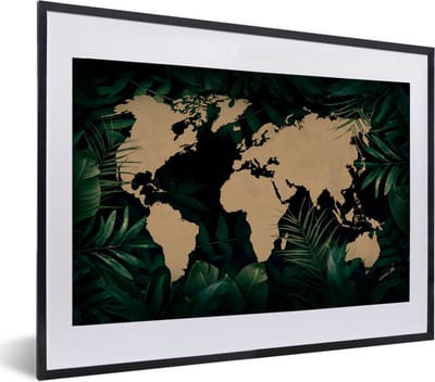 Poster in lijst - Fotolijst 60x40 cm - Posters - Wereldkaart - Planten - Tropische Planten - Posterlijst zwart - Decoratie - Wanddecoratie woonkamer - Muurdecoratie slaapkamer