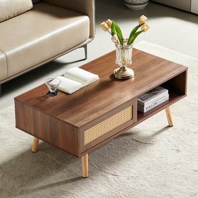 Salontafel - 105x55x40 cm - Rotan Schuifdeuren - Massief Houten Poten - Hout - Donker Walnoot