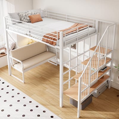 DESMIU Stapelbed 140x200 cm – Metalen Bedframe Met Afneembare Zitbank – Opbergtreden En Ruimte Onder Bed – Voor Kinderkamer En Jeugdkamer – Metaal En MDF – Wit – Zonder Matras