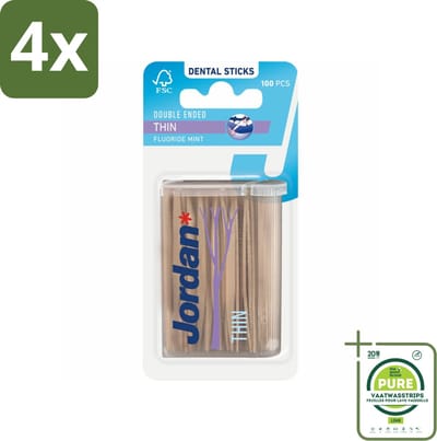 Jordan Tandenstokers Double Ended Thin 100 stuks per verpakking - Voordeelverpakking - 4 stuks - Tandenstokers - Dubbelzijdige tandenstokers