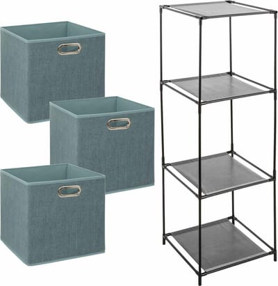 Kastmandjes/opberg manden - ijsblauw - 3x stuks van 29 Liter - In metalen rekje van 34 x 98 cm