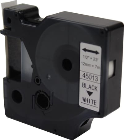 KATRIZ® huismerk label tape voor Dymo 45013 | LabelManager PNP/LabelPoint 150/Protable Labeler PL200/RhinoPRO 5200/6000 | Zwart op Wit | 12mm*7m |  1 stuk