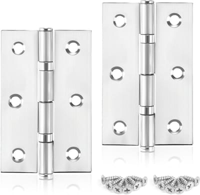 Set van 2 zilveren scharnieren 75 x 46,8 x 1,2 mm voor houten deuren - Inklapbare scharnieren voor binnen- en buitendeuren met 24 roestvrijstalen schroeven 5 x 12 mm