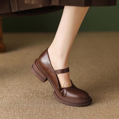 Nieuwe Lente Damesschoenen Casual Loafers Ronde Neus Dames Pumps Schoenen Dames Chunky Hak Schoenen Riemgesp Platform Hakken 37 bruin