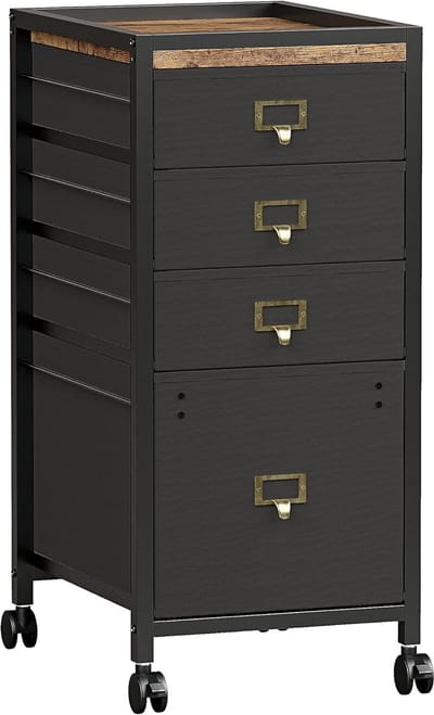 Mobiel Ladeblok met 4 Lades - Verrijdbare Archiefkast voor A4 Hangmappen - Bureaukastje op Wielen met Stoffen Lades en Houten Blad - Printertafel - Zwart