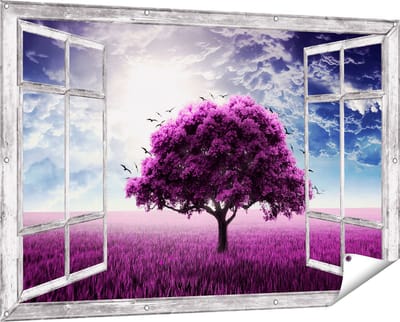 Gards Tuinposter Doorkijk Paarse Boom in het Paars Veld met Vogels - 150x100 cm - Tuindoek - Tuindecoratie - Wanddecoratie buiten - Tuinschilderij