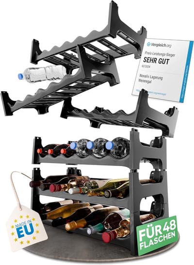 Flessenrek voor 48 flessen van gerecycled plastic, uitbreidbaar, stapelbaar wijnrek, zwart, drankenrek, flessenreksysteem, plank voor dranken, flessenkast, sterke drankrek