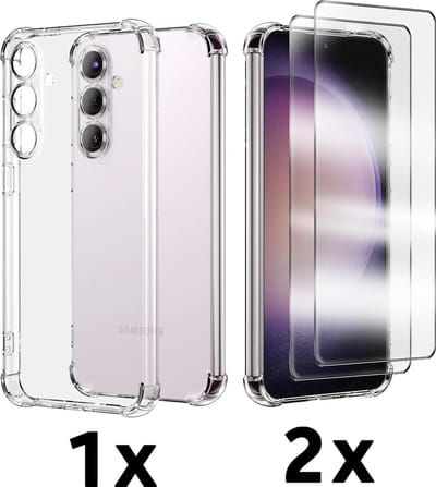 Casemania Hoesje & Glas Geschikt voor Samsung Galaxy S25 - Transparant - Anti Shock Back Cover met Camera Bescherming & 2X Glazen Screenprotector