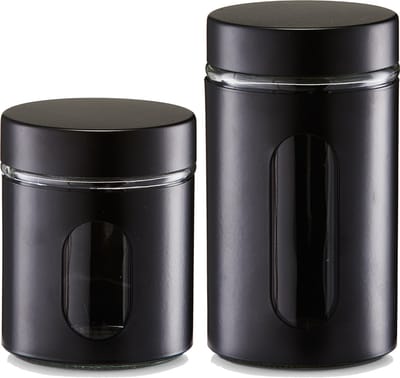 Voorraadpotten/blikken met venster - 4x - zwart - 600 en 900 ml - metaal
