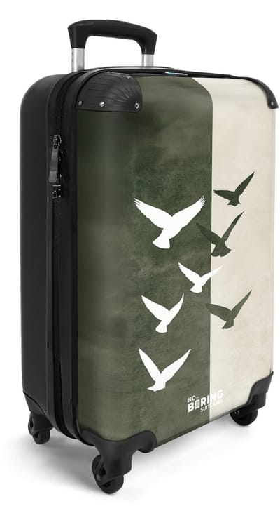 NoBoringSuitcases.com® - Handbagage koffer lichtgewicht - Reiskoffer trolley voor reizen - Groene en beige vogels - Cabine rolkoffer met wieltjes - Travel luggage - Hardcase valies klein - Past binnen 55x40x20 en 55x35x25