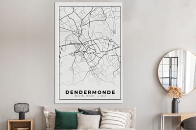 Canvas schilderij 120x180 cm - Wanddecoratie Stadskaart – Zwart Wit - Kaart – Dendermonde – België – Plattegrond - Muurdecoratie woonkamer - Slaapkamer decoratie - Kamer accessoires - Schilderijen