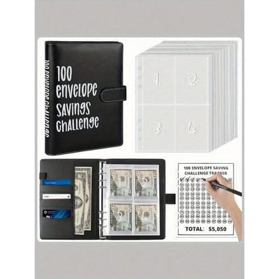 Livre Défis d'Épargne avec Enveloppes, Classeur d'Épargne pour Épargne en Liquide, Kit Classeur Défi des 100 Enveloppes, Livre de Budget A5 1 Set noir