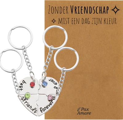 BFF Sleutelhanger voor 4 'Zonder Vriendschap mist een dag zijn kleur' - Hartje Puzzelstukjes & Kristal - Sleutelhanger set op Cadeau Kaartje - Zilverkleurig - Vriendschap Symbool - Pax Amare