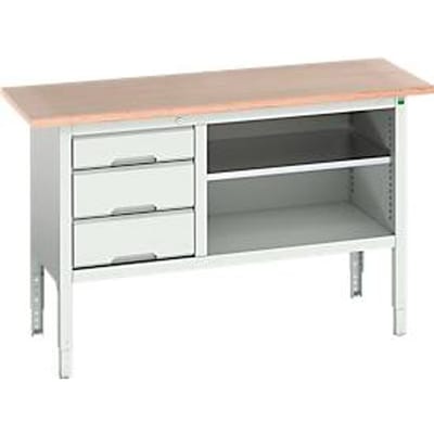 Werkbank Bott verso, multiplexplaat, 3 laden & 1 legbord, B 1500 x D 600 x H 830 - 930 mm, RAL 7035 lichtgrijs