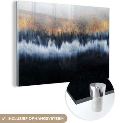 MuchoWow® Glasschilderij 30x20 cm - Schilderij acrylglas - Abstract - Goud - Luxe - Blauw - Foto op glas - Muurdecoratie woonkamer - Wanddecoratie slaapkamer - Schilderijen
