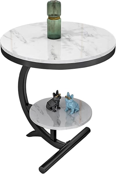 Ronde bijzettafel - Sidetable salontafel - Meubels opbergen - Marmerlook blad metaal - 45x60cm - Wit