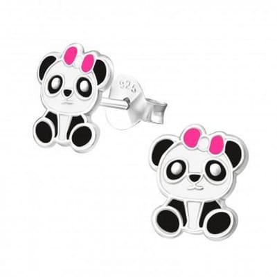 Zilveren oorstekers - panda met roze strik - kinderen - 8mm