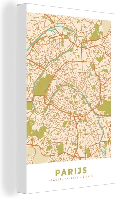 Canvas Schilderij Kaart - Parijs - Stadskaart - Vintage - Plattegrond - 20x30 cm - Wanddecoratie