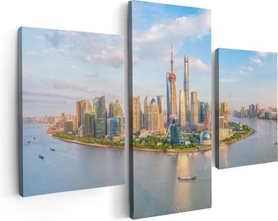 Artaza Canvas Schilderij Drieluik Skyline Shanghai Stad in China - 90x60 - Foto Op Canvas - Canvas Print