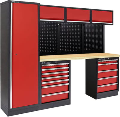 Kraftmeister werkplaatsinrichting - Werkbank met 3 wandkasten, 1 werkplaatskast en multiplex werkblad - Werktafel met 12 laden en gereedschapswand - Complete set voor werkplaats of garage - Rood