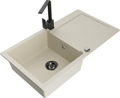 Mexen Leo granieten spoelbak 1-kompartment met afdruiprek en keukenkraan Rita, beige - 6501-69-670300-70