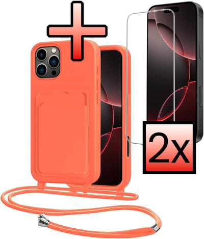 Hoes Geschikt voor iPhone 16 Pro Hoesje Pasjeshouder Cover Met Koord Case Siliconen Hoes Met Telefoonkoord en Kaarthouder Met 2x Screenprotector - Papaya