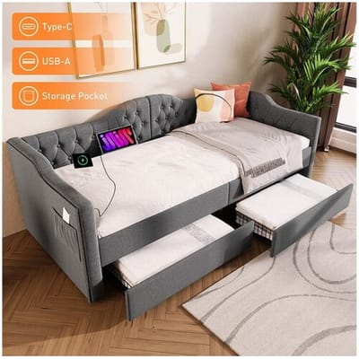 Merax Gestoffeerd bed 90 x 200 cm met USB Type C opladen en 2 lades, slaapbank - Linnen stof - Grijs