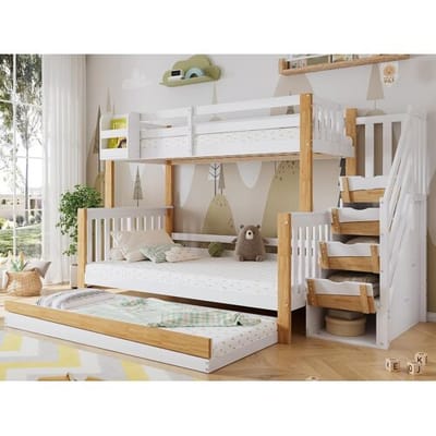 ModernLuxe Stapelbed 90x200cm + 120x200cm + onderschuifbed 90x190cm - met opbergtrap - in grenenhout en MDF - Wit & Naturel