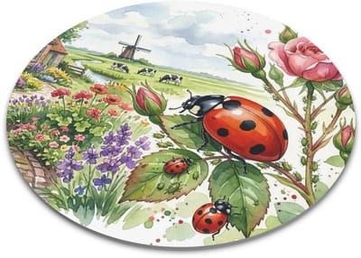 Muismat Lieveheersbeestje op Rozenstruik – "Aquarel Series" Ronde Mousepad met Bloemen Tuin Landschap met Bloemenweide & Molen – Vrolijk Cadeau voor haar: Vrouw, Vriendin & Collega – Kleurrijke Bureauonderlegger Insecten